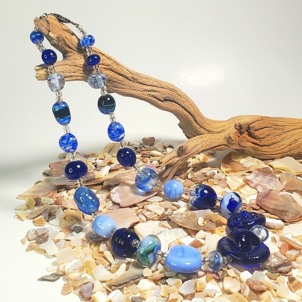 VINTAGE Glass Large Multi Shaped Beaded Necklace in Hues of Blue